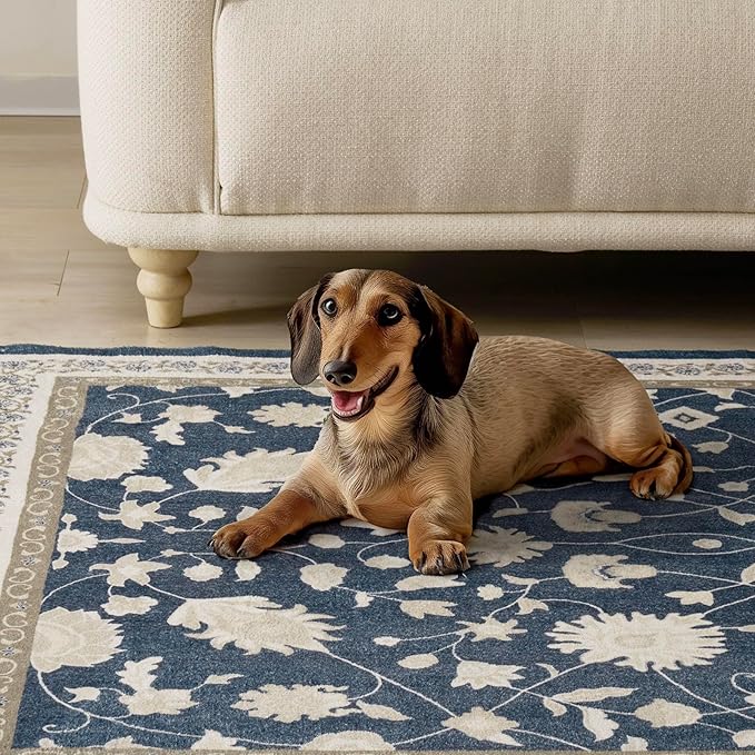 EVERGRACE Area Rugs for Living Room 5x7, Boho Floral Faux Wool Indoor Outdoor Rugs, Washable Rugs for Bedroom Dining Room Entryway Kitchen, Low Pile Floor Mat Carpet for Home Decor, Navy Blue