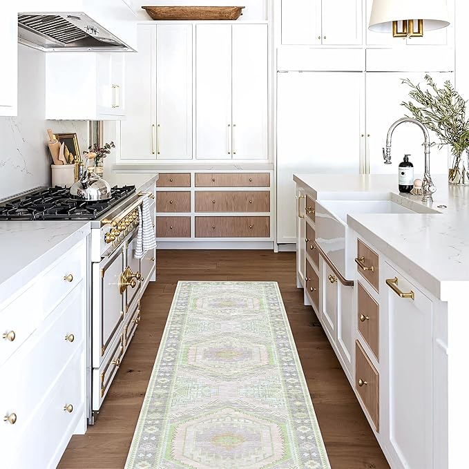 Fame Living Washable Area Rug. Modern Farmhouse. Vintage. Turkish. Bohemian. Distressed. Oriental. Traditional. Rugs for Living Room. Dining. Bedroom. Office. Entryway. Foyer. (856GrnCrm, 2'5" x 6'5")