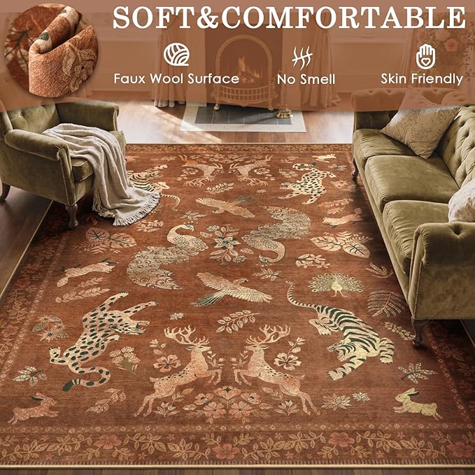 Moynesa Orange 8x10 Living Room Rugs, Vintage Peacock Floral Washable Area Rugs for Bedroom Dining Room Office Study, Low Pile Soft Non-Slip Easy Care Carpets for Fall Winter Home Decor