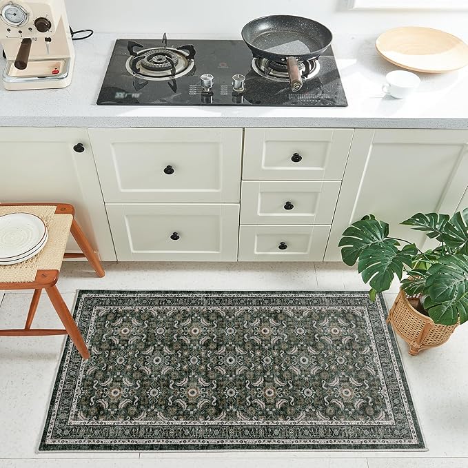 WITSHOCK Washable 2x4 Entryway Area Rug: Soft Non-Slip Backing Washable Rugs Vintage Flower Boho Accent Small Rugs for Bedroom, Kitchen, Bathroom, Nursery Entrance,Dark Green