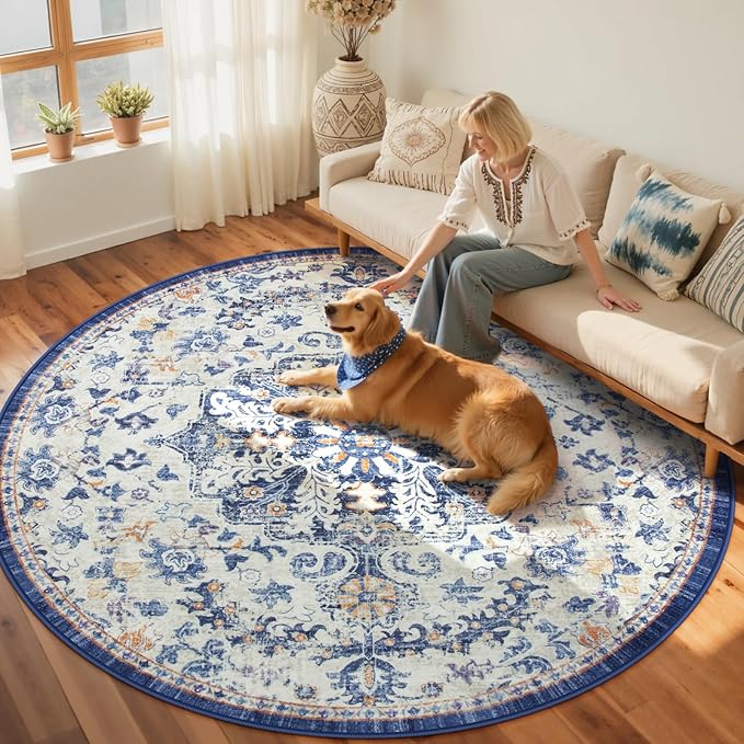 Lahome Bohemian Washable Round Rugs 6ft, Large Circle Rug for Living Room Bedroom, Soft Non-Slip Non-Shedding Loe Pile Printed Indoor Carpet for Kitchen Dining Room Office, Blue Purple/Multi