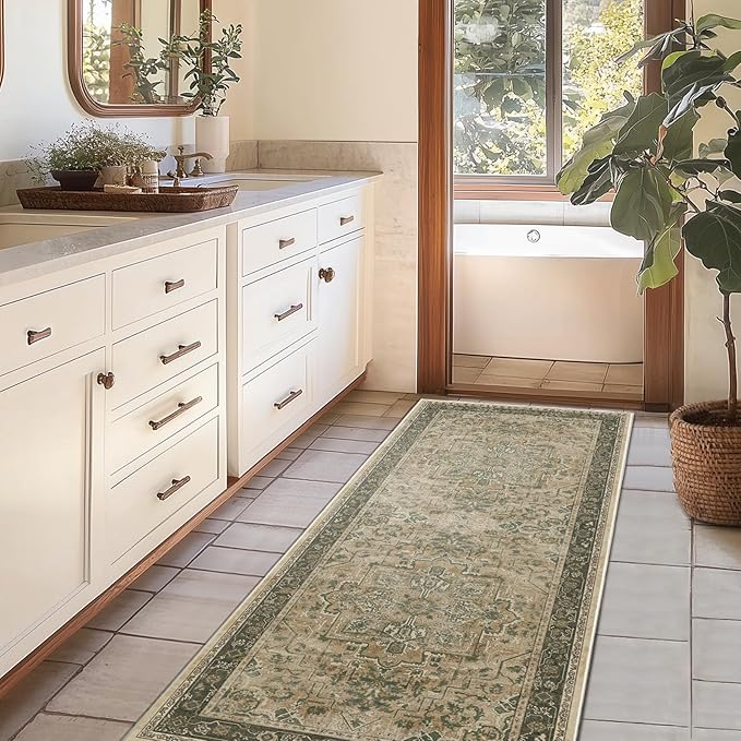 Vintage 2x6 Kitchen Runners Washable Non Slip, Low Pile Distressed Printed Carpet Runners for Hallway 6ft Indoor Entryway/Bedroom Bedside/Laundry Room/Bathroom, Multi Brown/Green