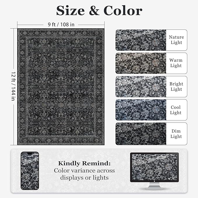 Vintage Charcoal Large Area Rugs 9x12 for Living Room, Earth Tone Dark Big Room Carpet Rug for Bedroom Dining Room, Washable Rug with Rubber Backing Low Pile Thin Soft for Family Room