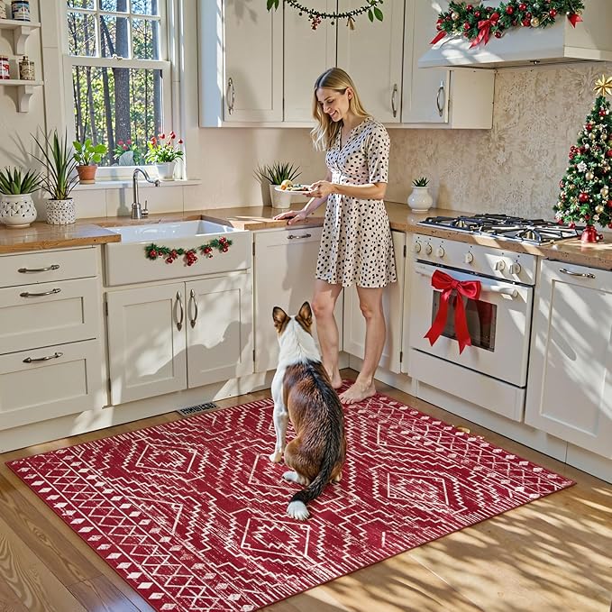 Wonnitar Moroccan Washable 3x5 Rug for Living Room, Non-Slip Chrisrmas Rug for Entryway, Low Pile Soft Farmhouse Area Rug for Bedroom Entry Kitchen Basement (Red,3'x5')