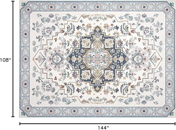 Phantoscope Washable Area Rug 9'x12' Non-Slip, Vintage Boho Rugs for Living Room, Bedroom, Dining Room, Persian Floral Medallion Pattern, Low-Pile Foldable Floor Carpet, Ivory Blue/Garden Bloom
