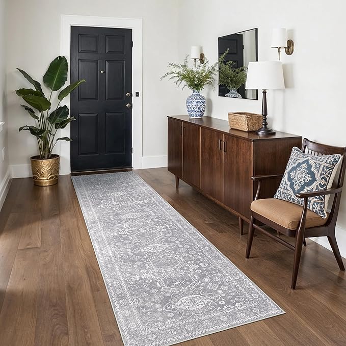 Bavni Washable Runner Rug 2’6”x8’, Non Slip Vintage Hallway Runner, Ultra Thin Low Pile Washable Carpet for Kitchen Entryway Bedroom, Grey