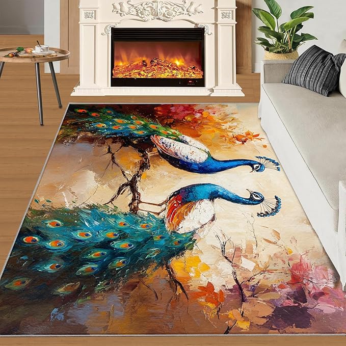 Peacock Rug 2x3-2x3 Rug, Classic Peafowl Floral Area Rugs for Bedroom, Peacock Couples Rugs for Living Room, Oil Painting Art Washable Mat, Aesthetics Carpet - Peafowl Home Decor & Gifts
