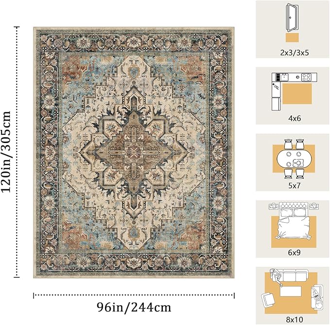 8x10 Machine Washable Area Rug for Living Room, Blue Beige Boho Vintage Floral Rug Large Non-Slip Low Pile Soft Faux Wool Carpet, Kids and Pets Friendly for Bedroom Dining Room Farmhouse Decor Rug