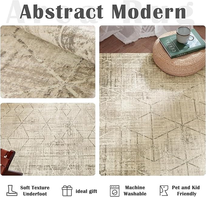 jinchan Moroccan 5x7 Area Rugs for Bedroom - Machine Washable Soft Modern Geometric Stain Resistant Non-Slip Ultra-Thin Low-Pile Faux Wool Carpet for Living Room Kitchen Dining Room (5x7ft, Taupe)