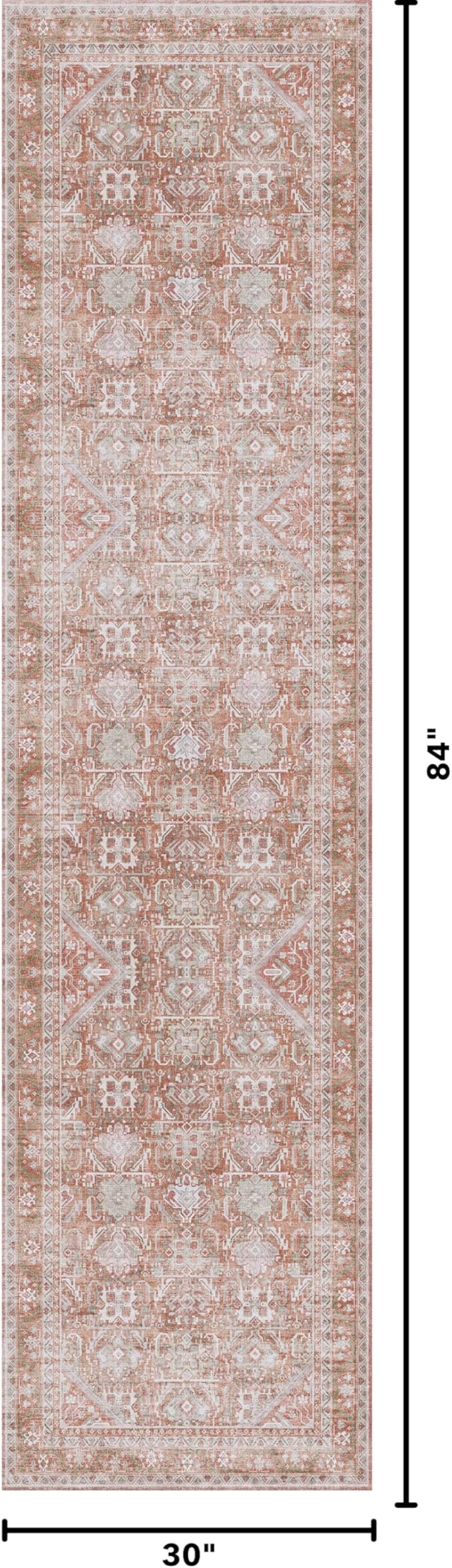 Kuden 2'6"x7' Runner Rug, Machine Washable Area Rug with Non-Slip Backing, Vintage Style, Soft, Easy Clean, Low Pile Rug for Hallway, Entryway, Kitchen, Bedroom