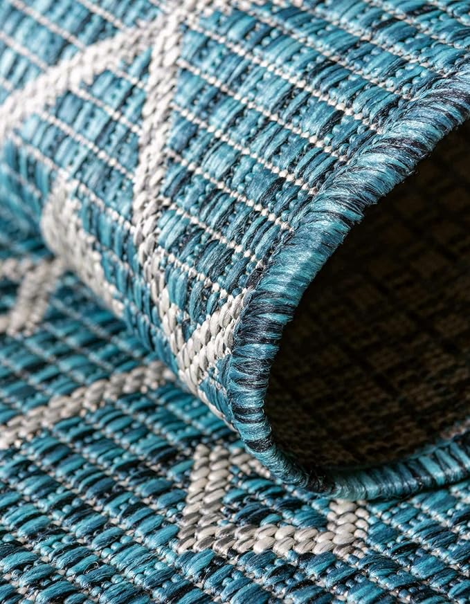 Unique Loom Outdoor Trellis Collection Area Rug - Tribal Trellis (10' Round Teal/Ivory)