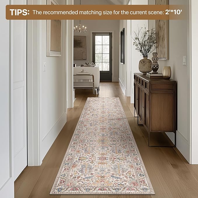 Area Rugs 8x10 Clearance Washable Boho Rug for Bedroom Living Room, Non Slip Thin Low Pile Chenille Carpet for Dining Room,Vintage Farmhouse, Retro Multi