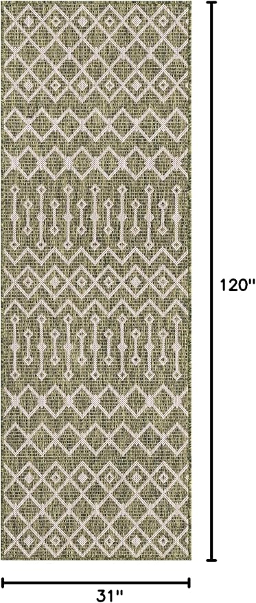 Unique Loom Outdoor Trellis Collection Area Rug - Tribal Trellis (2' 7" x 10' Runner Green/Natural)