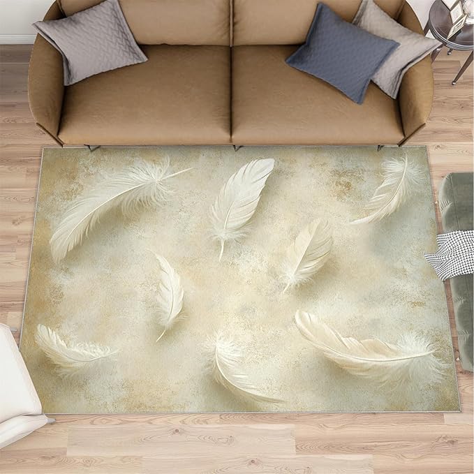 3x6 Feathers Bedroom Rug Under Bed - Minimalist Feathers Kids Room Rugs, Natural Still Life Bedroom Runner Rug Soft Washable for Living Room Kitchen