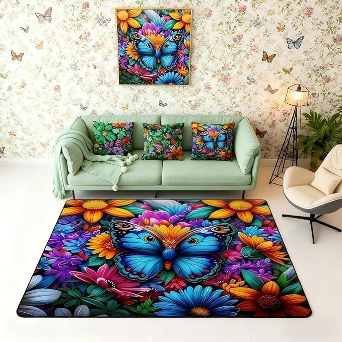 Colorful Butterfly 3x5 Area Rug Rainbow Flowers Rugs for Living Room | Rustic Butterflies Washable Rug, Watercolor Beetles Aesthetic Animal Carpet Indoor Floor Mat