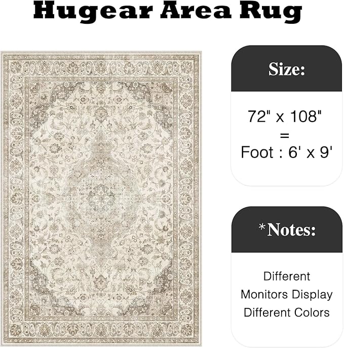 HUGEAR Area Rug 6x9 Vintage Brown Machine Washable Living Room Rugs Thin Neutral Floral Vacuumable Low Pile Carpet Bedroom Office Dining Room Laundry Room Non Slip Soft Lightweight