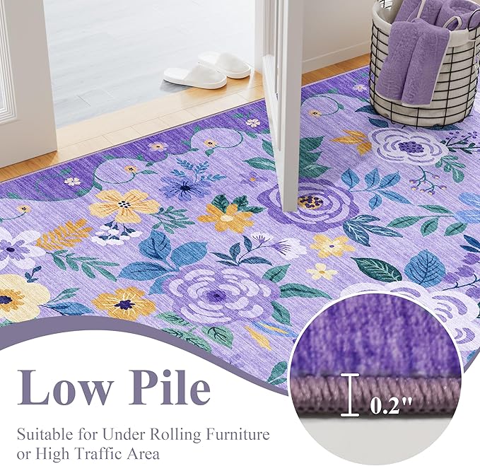DUKINO 3x5 Area Rug, Floral Rugs for Living Room, Lightweight Non Slip Washable Rug, Indoor Low Pile & Non-Shedding Boho Design Rugs for Bedroom, Living Room, Dining Room, Purple