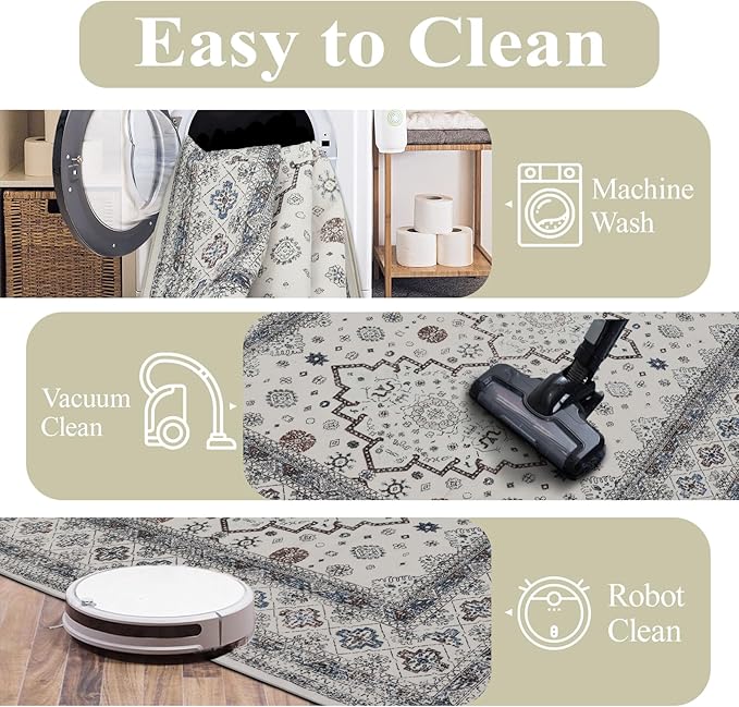 Washable Area Rugs 8x10, Large Rugs for Living Room, Carpet for Bedroom, Soft Faux Wool Retro Dining Room Rug, Non-Slip Backing Resistant Low Pile Vintage Print Rug for Home Office (White Cream/Gray)