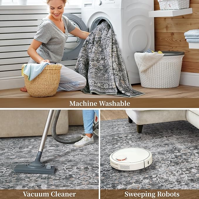 MontVoo-Vintage Area Rug 6X9 Grey Rugs for Living Room-Soft Distressed Printed Rugs for Bedroom-Non Slip Carpet-Machine Washable Rug for Dining Room Living Room Bedside Office