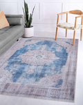 GLN Rugs Traditional Collection - Machine Washable Area Rug, Traditional Washable, Non Slip, Low Pile Chenille Rug, Living Room, Bedroom, Kitchen Rug (5' x 7' Cream/Navy)