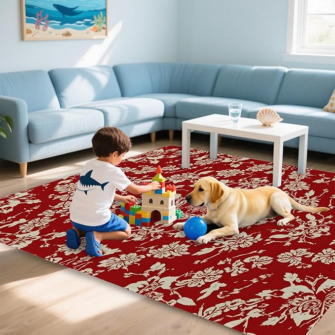 Red Flower Carpet for Living Room, 3x5 Non-Slip Washable Low Pile Abstract Design Rug, Space Saving Area Rug for Bedroom, Dining Room