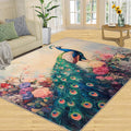 Peacock Peony Rug 8x10-8x10 Rug, Classic Peacock Peony Area Rugs for Bedroom, Teal Turquoise Rugs for Living Room, Peafowl Washable Mat, Malachite Green Feather Carpet - Peafowl Home Decor & Gifts