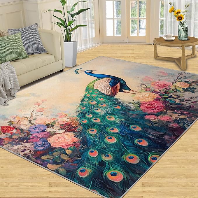 Peacock Peony Rug 6x9-6x9 Rug, Classic Peacock Peony Area Rugs for Bedroom, Teal Turquoise Rugs for Living Room, Peafowl Washable Mat, Malachite Green Feather Carpet - Peafowl Home Decor & Gifts