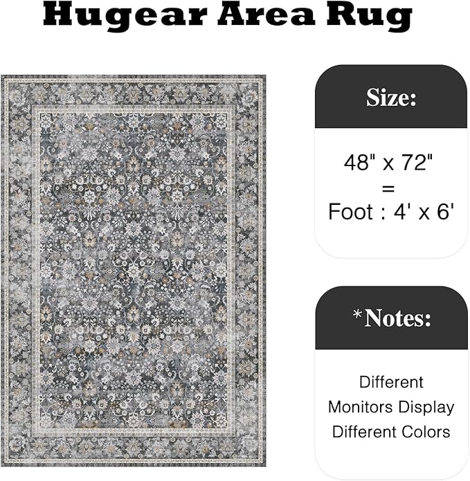 HUGEAR 4x6 Machine Washable Rugs Black Grey Hallway Area Rug Indoor Accent Rug Floral Low Pile Carpet Soft Throw Rug Bedroom Living Room Office Dining Room Kitchen Laundry Room Non Slip