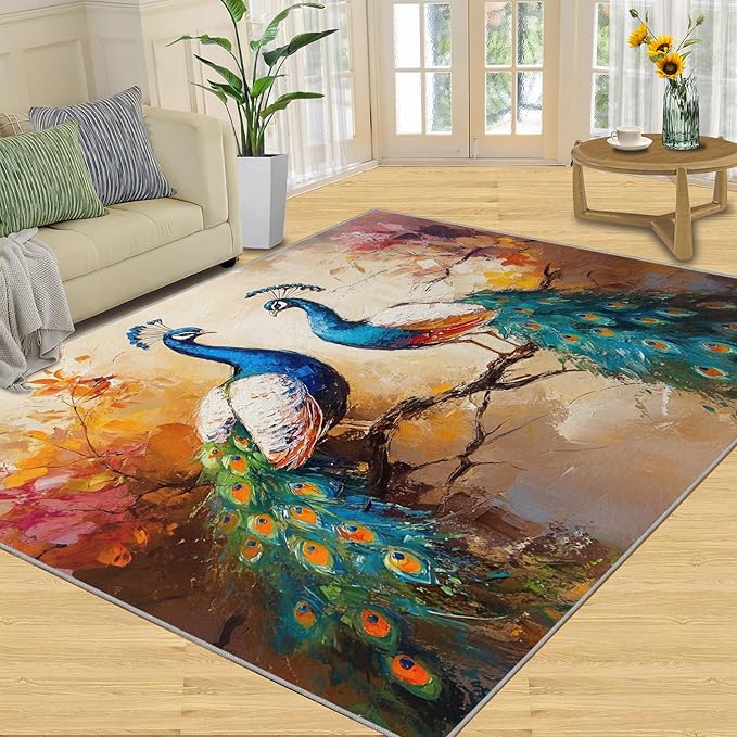 Peacock Rug 4x6-4x6 Rug, Classic Peafowl Floral Area Rugs for Bedroom, Peacock Couples Rugs for Living Room, Oil Painting Art Washable Mat, Aesthetics Carpet - Peafowl Home Decor & Gifts