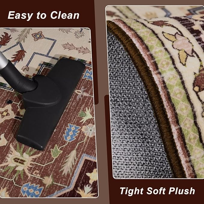 3x5 Mousse Brown Area Rug for Living Room, Machine Washable Rugs with Non-Slip Backing for Bedroom, Vintage Medallion Carpet Kitchen Laundry Kids Room Decor