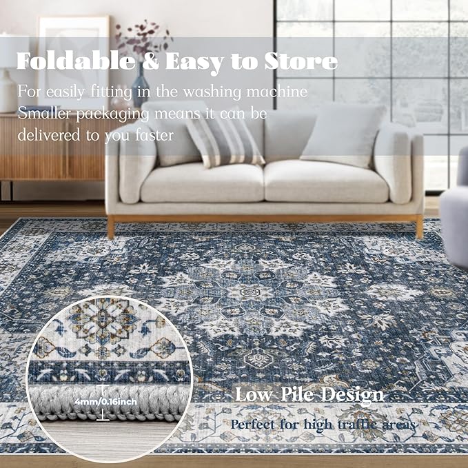 Area Rug 5x7 Washable Rug, Vintage Boho Medallion Rugs Non-Slip Soft Low Pile Large Distressed Rug Indoor Retro Carpet for Living Room Bedroom Dining Room Home Office (Vintage Blue, 5'x7')