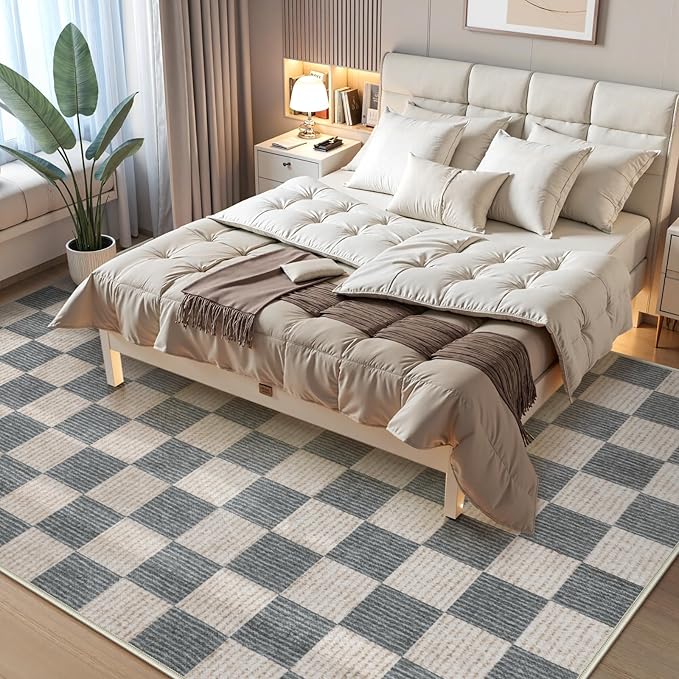 LIVEBOX 8x10 Area Rugs for Living Room, Checkered Non-Slip Washable Rugs, Farmhouse Neutral Classic Geometric Pattern Large Boys Area Rug for bedroom, Carpet for Living Dining Room Office(Grey,8'x10')