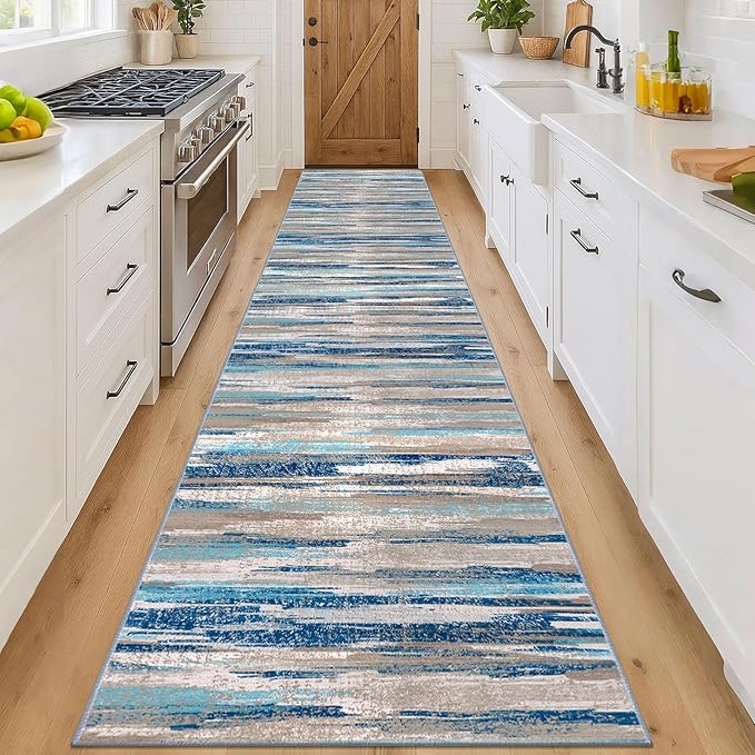 Modern Abstract Runner Rug 3x16, Blue Washable Long Kitchen Runner Non-Slip Soft Hallway Rug Runner Ultra Thin Print Faux Wool Carpet for Entryway Bedroom Laundry Room Indoor Home Decor
