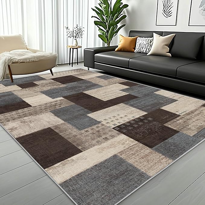 Modern Geometric Patchwork Indoor Area Rug for Living Room, Blue-Taupe 4'x 6' Large Rug Rockwood Collection Hardwood Floors Decor for Bedroom, Blue Throw Carpet for Office Entryway Dining Room