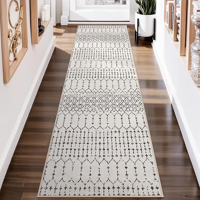 Lahome Moroccan Runners for Hallways 2x8 Beige Washable Runner Rug Non-Slip Stain Resistant Kitchen Rug Runner, Geometric Print Distressed Soft Untra- Thin Floor Carpet for Bedroom Entryway