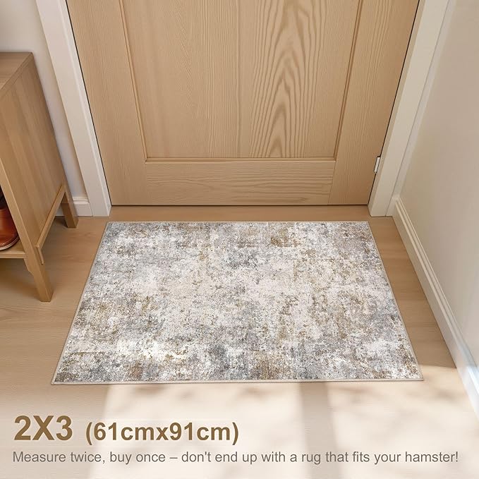 2x3 Entryway Area Rug: Washable Neutral Modern Abstract Small Rug - Non-Slip Low Pile Throw Indoor Carpet for Entrance Kitchen Front Door Mat Bathroom Entry Kids Room - Brown Grey