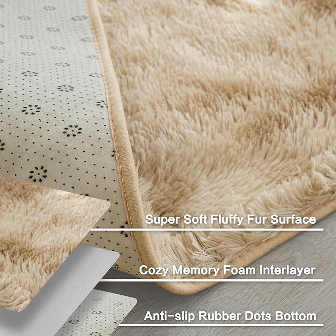 Andency 6x9 Area Rugs, Large Shag Fluffy Soft Shaggy Rugs for Living Room Bedroom, Non-Slip Tie-Dyed Khaki Thick Plush Carpet for Kids Girls and Boys, Dorm Nursery Home Decor Aesthetic