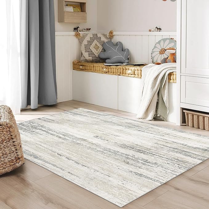MUJOO Washable Rug 4x6.5,Modern Abstract Area Rugs for Bedroom Living Room Office Playroom,Small Non Slip Throw Carpet Indoor,Low Pile Accent Neutral Beige and Grey