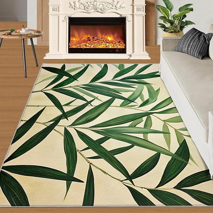 4x5 Bamboo Leaves Indoor Outdoor Rug - Realistic Botanical Art Bedside Rug, Minimalist Leaves Washable Entry Way Rugs Kids Carpet for Inside House Playroom Living Room End Table Nursery
