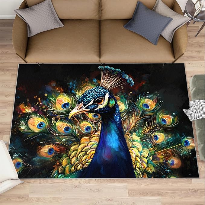 Peacock Rugs for Bedroom - 5x6 Area Rug - 3D Peacock Rugs for Living Room, Abstract Watercolor Animal Rug, Non-Slip Washable Home Decor Carpet