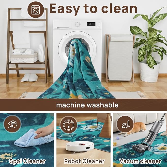 6x9 Camellia Floral Rugs, Modern Washable Flower Pattern Area Rug for Bedroom, Soft Large Non-Slip Kitchen Carpet Floor Door Mat for Living Room Dining Room Office - Teal