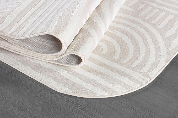 Beverly Rug Modern Geometric Area Rug 5x7 Low-High Pile Durable Soft Abstract Curved Indoor Rugs for Living Dining Room Office Stain Resistant Non Shedding Casual Indoor Carpet Beige White 5 x 7