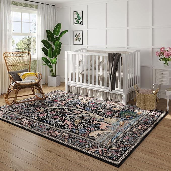 Rugcomf Area Rugs 4x6 Vibrant Tree of Life-Patterned Vintage Washable Rugs Non Slip Low Pile Small Carpet for Bedroom Bedside Kids Room Office Dining Room, Black