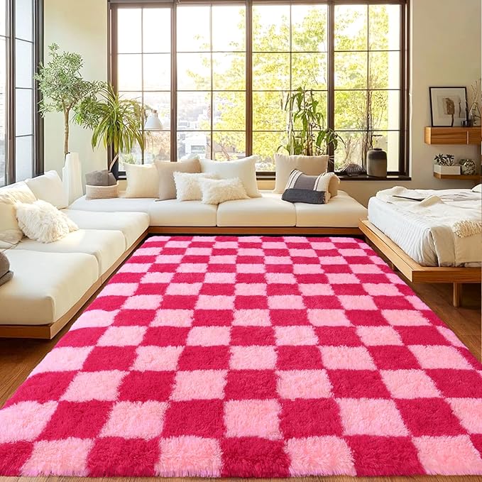 Area Rugs for Living Room, Soft Shaggy Carpets for Living Room, Fuzzy Rugs for Kids' Room, Perfect Decor for Modern Home Hot Pink Grid 9x12 Feet