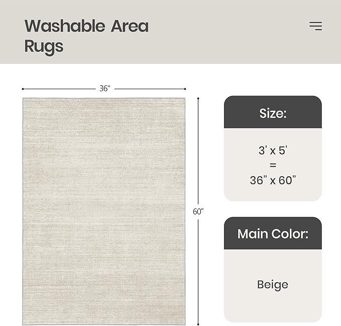 Valenrug Washable Rugs 3x5 - Stain Resistant 3x5 Area Rugs for Living Room, Non Slip Backing Printed Rugs for Bedroom, Folable Machine Washable Area Rug(3'x5', Beige)