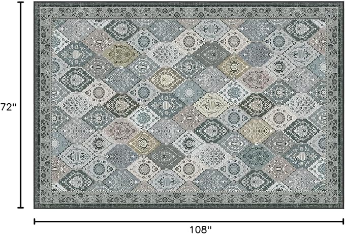 Phantoscope Washable Area Rug 6'x9' Non-Slip, Vintage Boho Rugs for Living Room, Bedroom, Dining Room, Distressed Moroccan Mosaic Diamond Pattern, Low-Pile Foldable Floor Carpet, Grey Charcoal