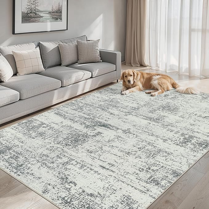 Area Rugs Living Room Rug - 4x6 Washable Modern Abstract Soft Neutral Non-Slip Carpet Large Indoor Floor Stain Resistant Thin Carpets for Bedroom Dining Room Farmhouse Nursery Home Office Grey