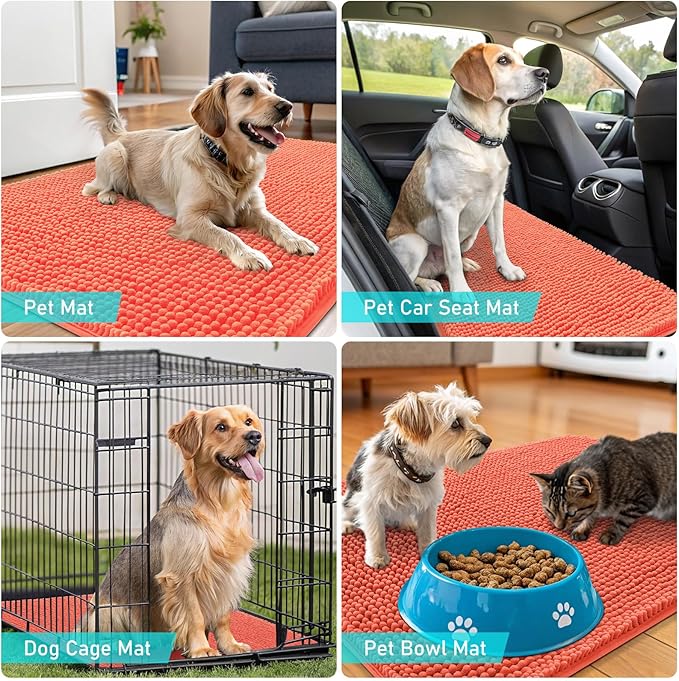 OLANLY Dog Door Mat for Muddy Paws 44x32, Absorbs Moisture and Dirt, Absorbent Non-Slip Washable Doormat, Quick Dry Chenille Mud Mat for Dogs, Entry Indoor Entryway Carpet for Inside Floor, Coral