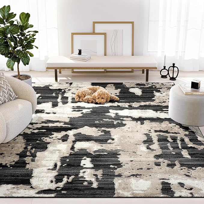 Abani Terra Cream Area Rug for Living Room, Bedroom - Black Abstract Pattern - 9' x 12' - Durable & Easy to Clean