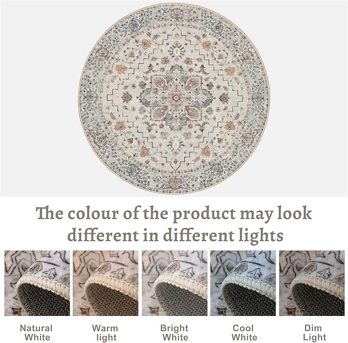 Tangsoo Vintage Round Rug 4ft Washable Circle Rug, Non Slip Small Boho Round Rug, Low Pile Circular Rugs, Round Carpet for Bedroom,Entryway,Nursery,Dorm,Kitchen,Grey